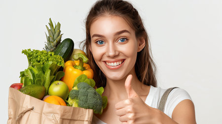 Young woman is holding healthy groceries in paper bag from supermarket pointing and showing with thumb up to the side with happy face smiling on isolated white background. AI Generated.の素材