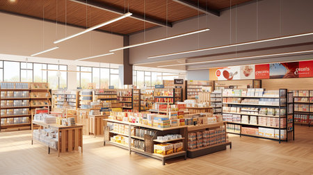 Sales area of the store with rows of shelving, display of goods and daylight. - AI Generated.の素材