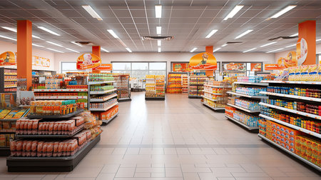 Sales area of the store with rows of shelving, display of goods and daylight. - AI Generated.の素材