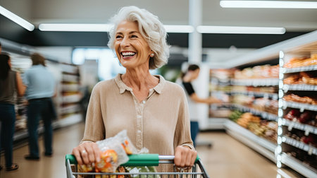 Smiling mature woman shopping for food at a supermarket on isolated white background. AI Generated.の素材