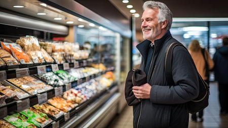 Smiling mature man shopping for food at a supermarket. AI Generated.の素材