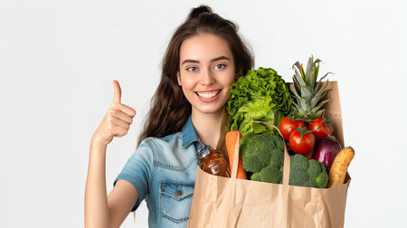 Young woman is holding healthy groceries in paper bag from supermarket pointing and showing with thumb up to the side with happy face smiling on isolated white background. AI Generated.の素材