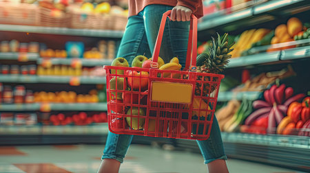 Woman with shopping basket full of groceries in supermarket banner background. - AI Generated.の素材