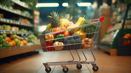 Shopping cart in grocery store full of fruits and vegetables. AI Generated.の素材