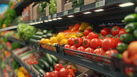 Vegetables on shelf in supermarket. AI Generated.の素材