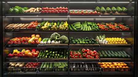 Vegetables on shelf in supermarket. AI Generated.の素材