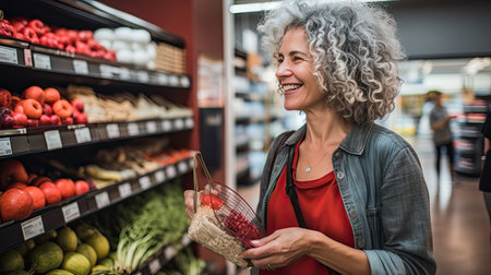 Smiling mature woman shopping for food at a supermarket on isolated white background. AI Generated.の素材