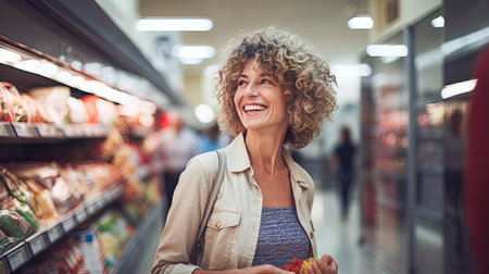 Smiling mature woman shopping for food at a supermarket on isolated white background. AI Generated.の素材