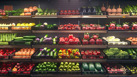 Vegetables on shelf in supermarket. AI Generated.の素材