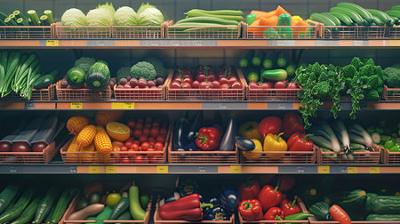 Vegetables on shelf in supermarket. AI Generated.の素材