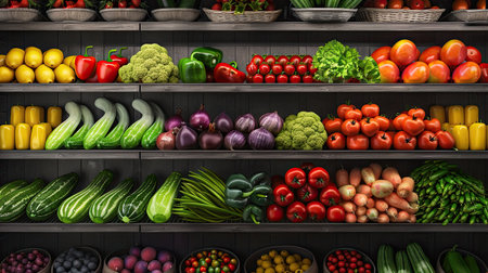 Vegetables on shelf in supermarket. AI Generated.の素材