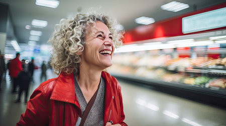 Smiling mature woman shopping for food at a supermarket on isolated white background. AI Generated.の素材