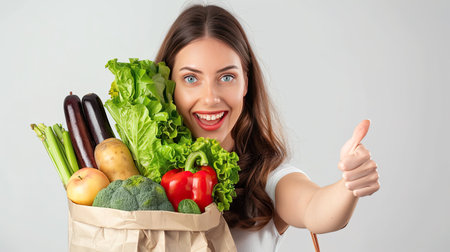 Young woman is holding healthy groceries in paper bag from supermarket pointing and showing with thumb up to the side with happy face smiling on isolated white background. AI Generated.の素材