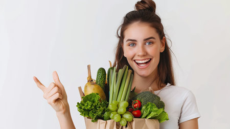 Young woman is holding healthy groceries in paper bag from supermarket pointing and showing with thumb up to the side with happy face smiling on isolated white background. AI Generated.の素材