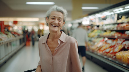 Smiling mature woman shopping for food at a supermarket on isolated white background. AI Generated.の素材