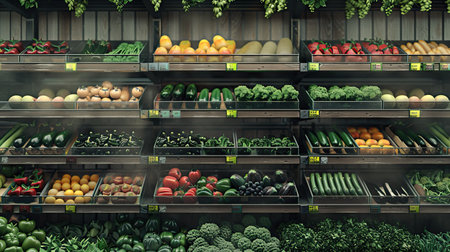 Vegetables on shelf in supermarket. AI Generated.の素材