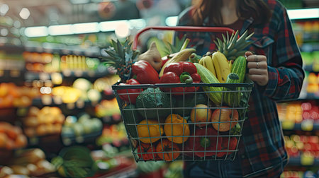 Woman with shopping basket full of groceries in supermarket banner background. - AI Generated.の素材