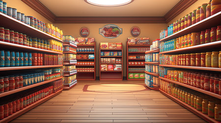 Sales area of the store with rows of shelving, display of goods and daylight. - AI Generated.の素材