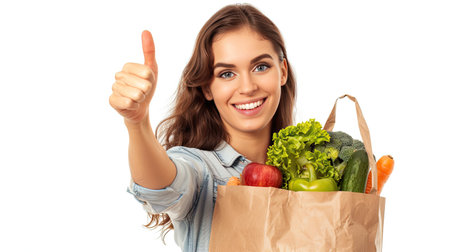 Young woman is holding healthy groceries in paper bag from supermarket pointing and showing with thumb up to the side with happy face smiling on isolated white background. AI Generated.の素材
