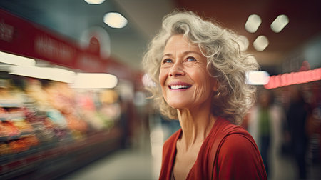 Smiling mature woman shopping for food at a supermarket on isolated white background. AI Generated.の素材