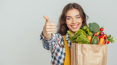 Young woman is holding healthy groceries in paper bag from supermarket pointing and showing with thumb up to the side with happy face smiling on isolated white background. AI Generated.の素材