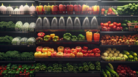 Vegetables on shelf in supermarket. AI Generated.の素材
