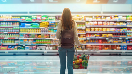 Woman with shopping basket full of groceries in supermarket banner background. - AI Generated.の素材