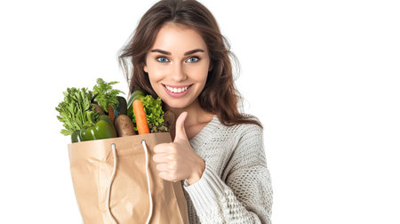 Young woman is holding healthy groceries in paper bag from supermarket pointing and showing with thumb up to the side with happy face smiling on isolated white background. AI Generated.の素材