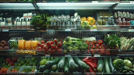 Vegetables on shelf in supermarket. AI Generated.の素材