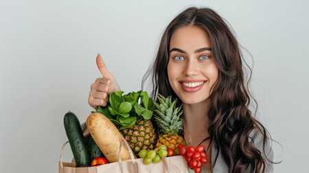 Young woman is holding healthy groceries in paper bag from supermarket pointing and showing with thumb up to the side with happy face smiling on isolated white background. AI Generated.の素材