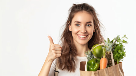 Young woman is holding healthy groceries in paper bag from supermarket pointing and showing with thumb up to the side with happy face smiling on isolated white background. AI Generated.の素材
