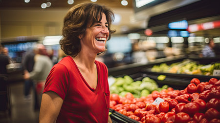 Smiling mature woman shopping for food at a supermarket on isolated white background. AI Generated.の素材