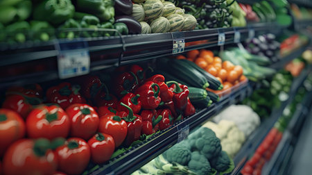 Vegetables on shelf in supermarket. AI Generated.の素材
