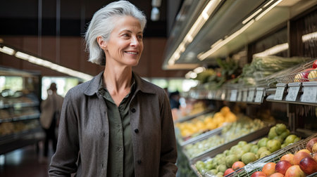 Smiling mature woman shopping for food at a supermarket on isolated white background. AI Generated.の素材