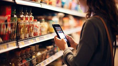 Side view of caucasian woman scans qr code of product using smartphone. Shelves with food in background. AI Generated.の素材