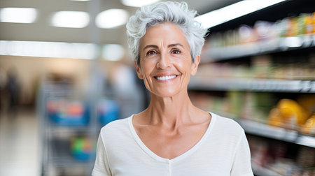 Smiling mature woman shopping for food at a supermarket on isolated white background. AI Generated.の素材
