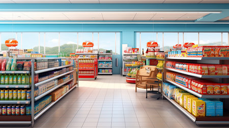 Sales area of the store with rows of shelving, display of goods and daylight. - AI Generated.の素材