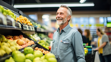 Smiling mature man shopping for food at a supermarket. AI Generated.の素材