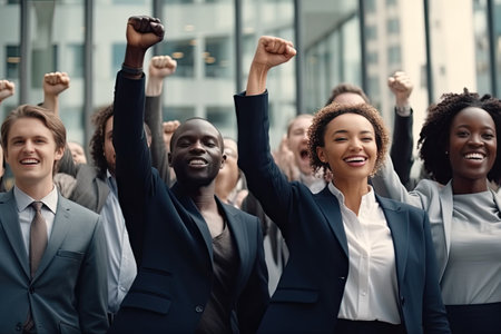 Group of business professionals with raised fists, celebrating a success or achievement in a corporate environment. AI Generated.の素材