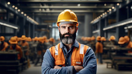 Waist up portrait of bearded factory worker wearing hardhat looking at camera while standing in workshop. AI Generated.の素材