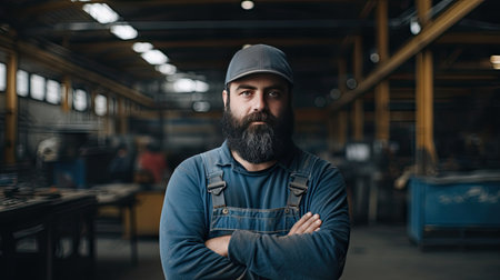 Waist up portrait of bearded factory worker wearing hardhat looking at camera while standing in workshop. AI Generated.の素材