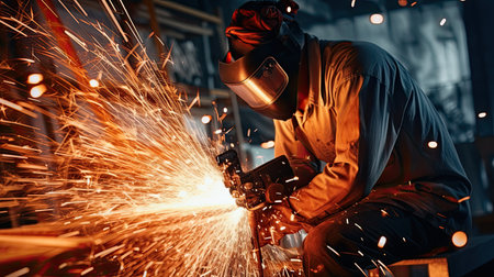 Industrial worker cutting and welding metal with many sharp sparks. AI Generated.の素材
