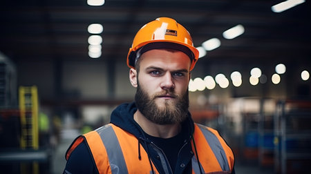 Waist up portrait of bearded factory worker wearing hardhat looking at camera while standing in workshop. AI Generated.の素材
