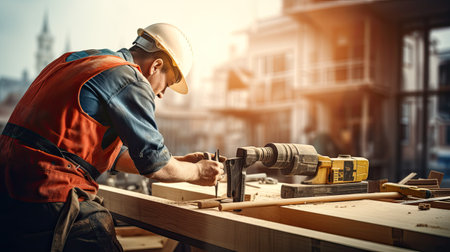 Carpenter working , hammer and meter on construction background. AI Generatedの素材