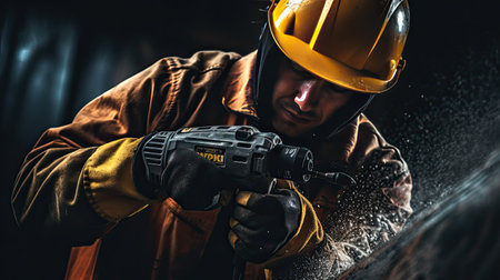 Construction worker in dirty clothes with a hammer and drill at work. AI Generated.の素材