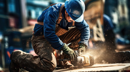 Construction worker in dirty clothes with a hammer and drill at work. AI Generated.の素材