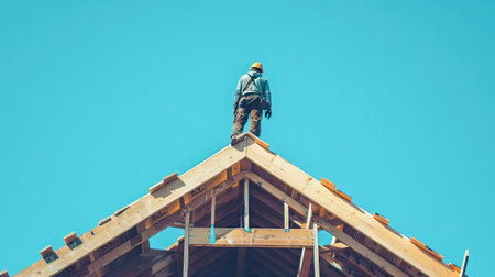 Roof worker or carpenter building a wood structure house construction. AI Generated.の素材