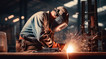 Industrial worker cutting and welding metal with many sharp sparks. AI Generated.の素材