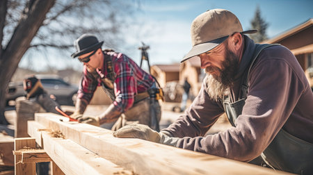 Craftsman and carpenter working at construction site of new house. AI Generated.の素材