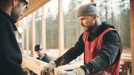 Craftsman and carpenter working at construction site of new house. AI Generated.の素材